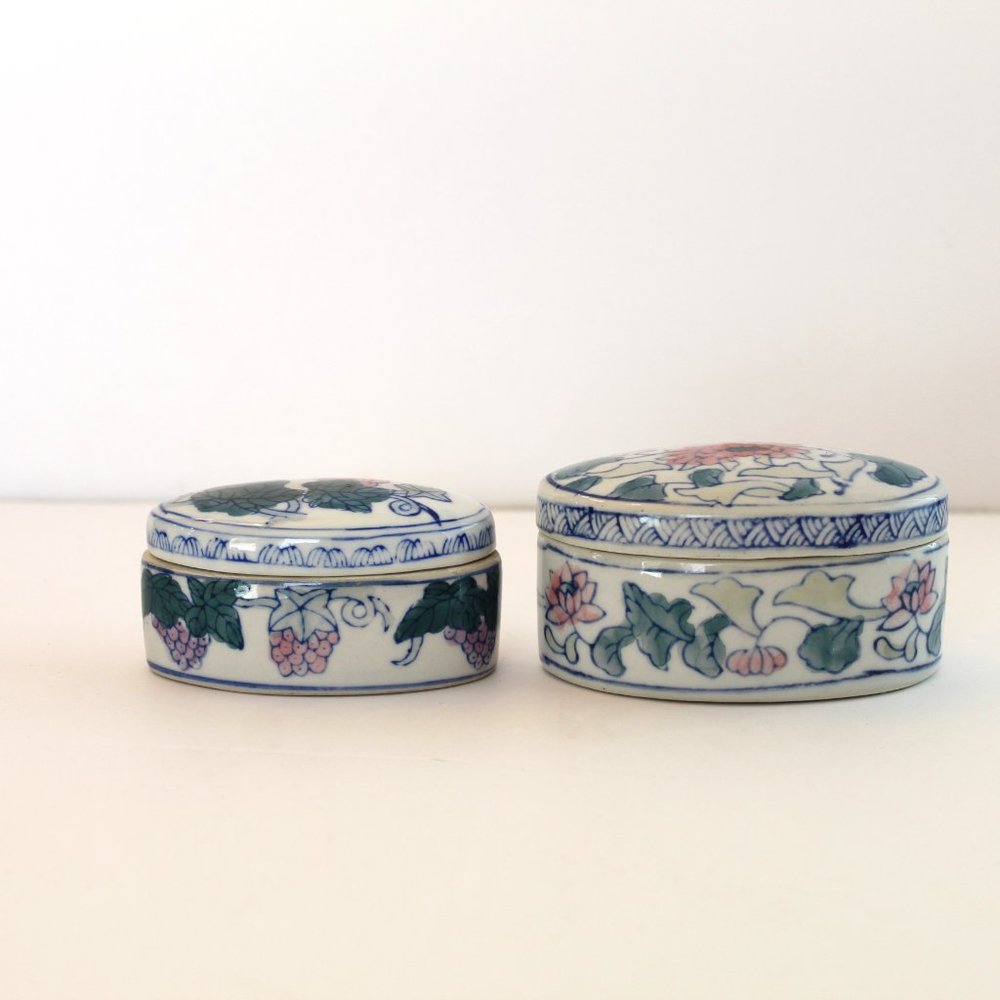 Vtg Porcelain Oval Trinket Box Set Floral Boho Grapes